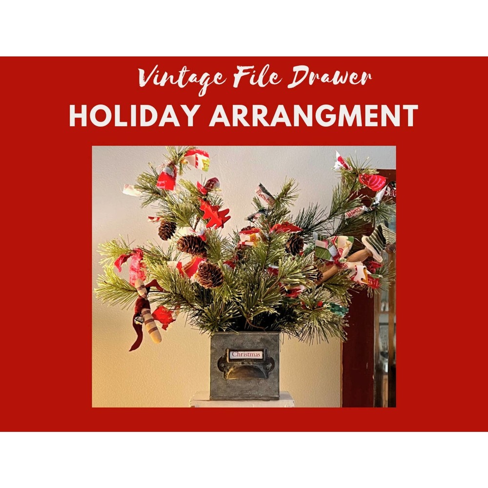 Artificial Christmas Arrangement Upcycled Tin File Drawer Holder Rag Bows